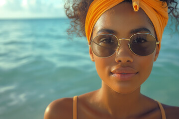 Young beautiful african american woman on beach, created with Generative AI technology