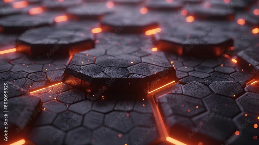 Poster 3d render abstract background hexagon pattern with glowing lights.