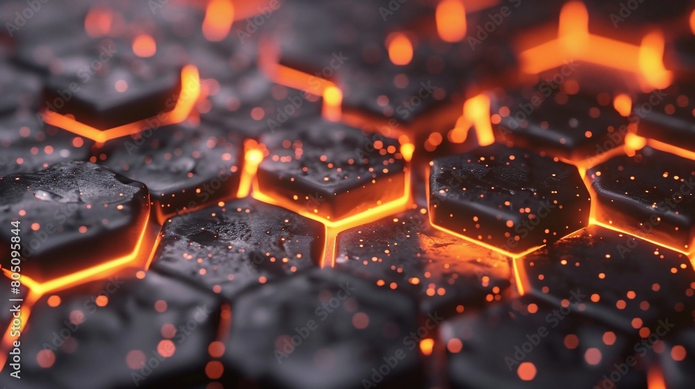 Poster 3d render abstract background hexagon pattern with glowing lights.