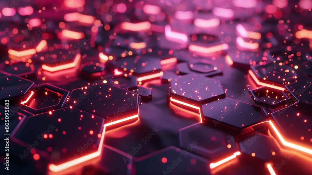 Poster 3d render abstract background hexagon pattern with glowing lights.