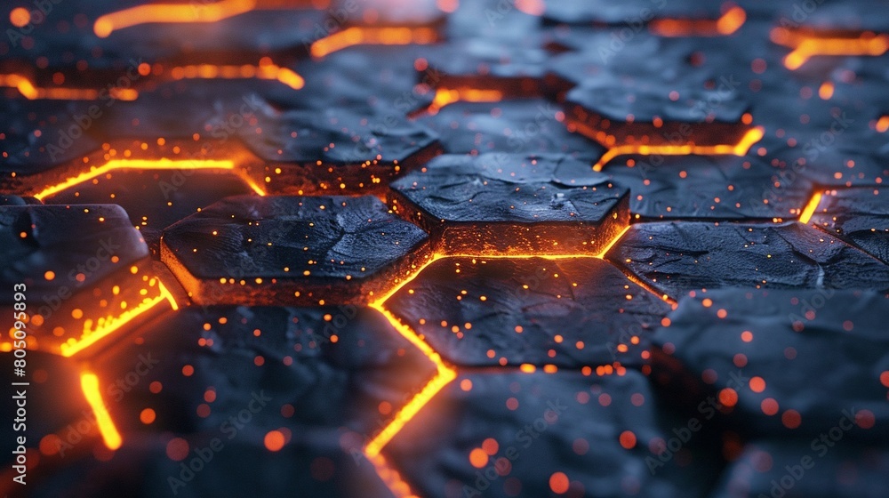 Poster 3d render abstract background hexagon pattern with glowing lights.
