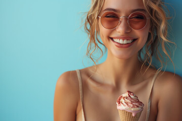 Young beautiful woman with ice cream, summer, created with Generative AI technology