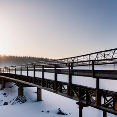 truss bridge spanning the frozen river, with the desolate landscape stretching out as far as the eye can see.