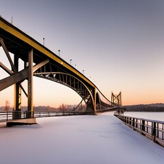 Panoramic view of the truss bridge spanning the frozen river, with the desolate landscape
