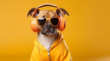 Cute dog listening music with headphones wearing trendy urban clothes and sunglasses