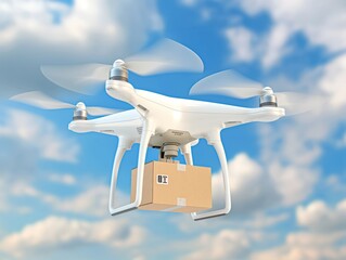 A modern drone flying against a blue sky with clouds, delivering a cardboard package.