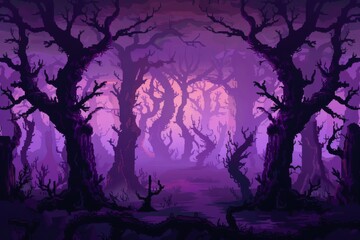 8-Bit Pixel Art Haunted Forest Scene with Twisted Trees and Ethereal Fog, Concept of Spooky Game Environment and Mystery