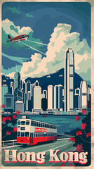 Hong Kong China retro poster - obrazy, fototapety, plakaty