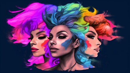 Three women with unique colored hair and makeup celebrating diversity and individuality