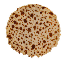 Top view from round pancake, isolated on a white background.