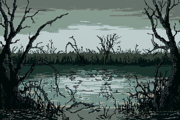 Pixel Art Style Swamp Landscape with Barren Trees and Murky Water, Concept of Retro Gaming and Exploration