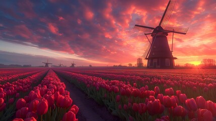 A Majestic Windmill Stands Tall Amidst Endless Rows of Vibrant Tulips, Painting a Picturesque Floral Landscape Against a Sunset Sky