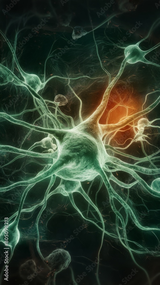 Poster neural network close-up: complex branching neurons illuminated in vivid colors