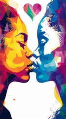 A androgynous couple kisses with heart shapes floating in the background