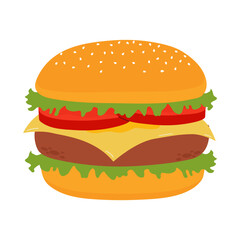 Hamburger with tomato, lettuce, and beef in flat style, vector illustration isolated on a white background. Icon, isolate for design