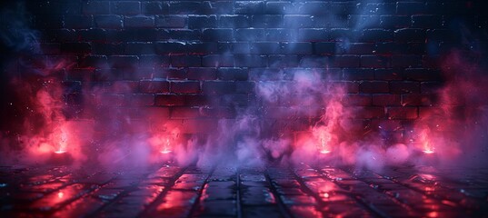 a dark room with red and purple lights and smoke coming out of it