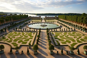 Versailles Gardens, France: The grandeur of the gardens surrounding the Palace of Versailles, with meticulously manicured lawns and ornate fountains.