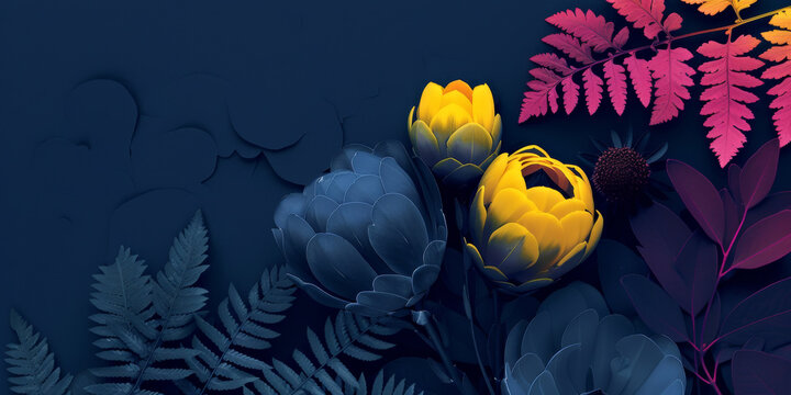 Vibrant Botanical Display on Midnight Blue Background
