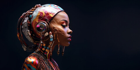 Une femme africaine avec un visage de robot, portrait hyper réaliste, circuits électriques, audiovisuel, couleurs sombres et inquiétantes, image avec espace pour texte.