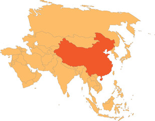 Fototapeta premium Highlighted red map of CHINA inside orange detailed political map of Asia using orthographic projection on transparent background