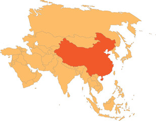 Highlighted red map of CHINA inside orange detailed political map of Asia using orthographic projection on transparent background