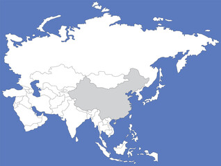 Highlighted grey map of CHINA inside white political map of Asia using orthographic projection on dark blue background