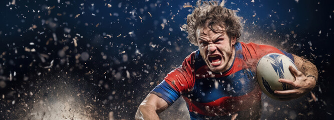 Un joueur de rugby avec un maillot rouge et bleu, grimaçant, chargeant avec le ballon sous un déluge de neige, de terre et de poussière, image avec espace pour texte.