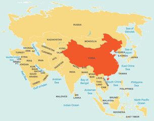 Highlighted red map of CHINA inside orange detailed tagged map of Asia using orthographic projection on blue background
