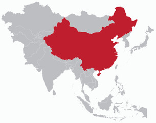 Highlighted red map of CHINA inside grey detailed blank political map of Asia on light blue background, without the Middle East and Russia