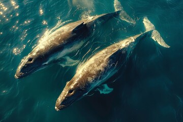 Fototapeta premium An underwater snapshot of two majestic humpback whales gracefully swimming in the deep ocean waters