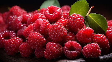 Closeup of Fresh Ripe Raspberries with Leaf