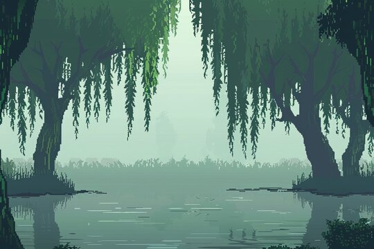 Pixel Art of a Serene Swamp with Weeping Trees and Calm Waters, Concept of Virtual Natural Landscapes