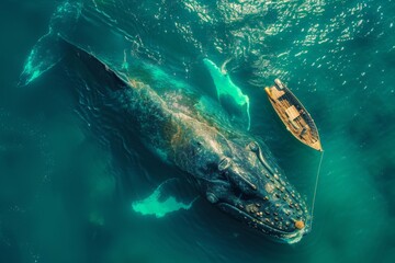 Obraz premium Aerial shot capturing a serene moment with a gigantic whale swimming near a small boat in the ocean