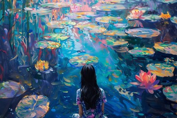 Fleeting essence of the magic and Ariel's form with loose brushstrokes and vibrant colors, reminiscent of Monet's water lilies 