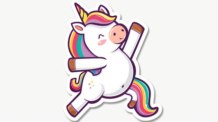 A cute cartoon unicorn is depicted performing the Dab dance in a simple flat vector illustration. The unicorn is set against a white background, with a rainbow-colored mane adding vibrancy 