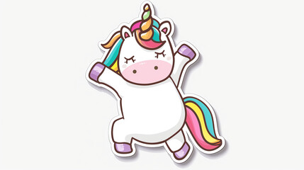 A cute cartoon unicorn is depicted performing the Dab dance in a simple flat vector illustration. The unicorn is set against a white background, with a rainbow-colored mane adding vibrancy 