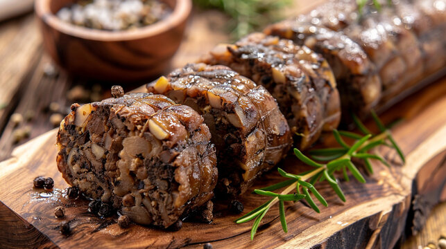 Sliced open cooked Scottish haggis n a wooden board