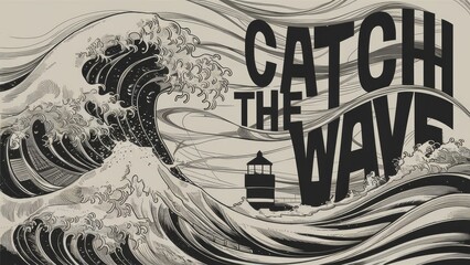 Catch the Wave: Vintage-Inspired Monochrome Illustration of Surfing Wave and Lighthouse