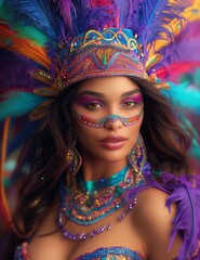 Beautiful young woman in carnival peacock costume. Beauty model woman at party over holiday background with magic glow. Christmas and New Year celebration. Glamour lady with perfect make up - obrazy, fototapety, plakaty