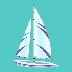 Yacht with sails on a turquoise background.Vector illustration of a sea vessel for summer designs.