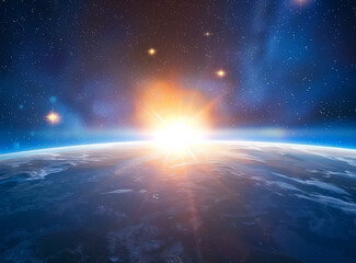 The background image depicts the Earth with the sun rising in the center, surrounded by stars in the blue sky. Rendered in a cinematic style, this composition evokes a sense of awe and wonder