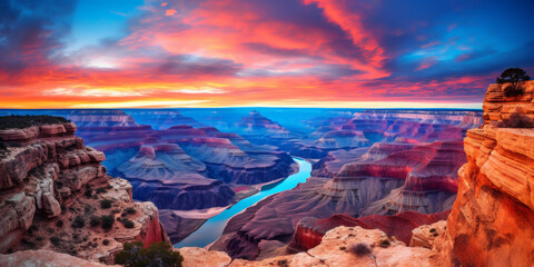 his breathtaking panorama captures the Grand Canyon bathed in the glow of a fiery sunset. The deep reds and purples of the canyon walls contrast with the serene blue of the Colorado River