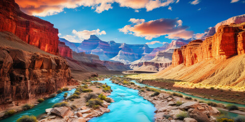 A vibrant and dynamic view of the Grand Canyon featuring a striking turquoise river winding through the rugged landscape. 