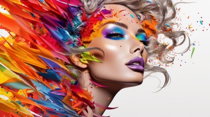 A androgynous woman with colorful hair and makeup, radiating pride and confidence