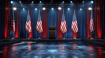 A well-lit stage in a dark auditorium adorned with multiple American flags, featuring a central podium under spotlight, ideal for political events and speeches.