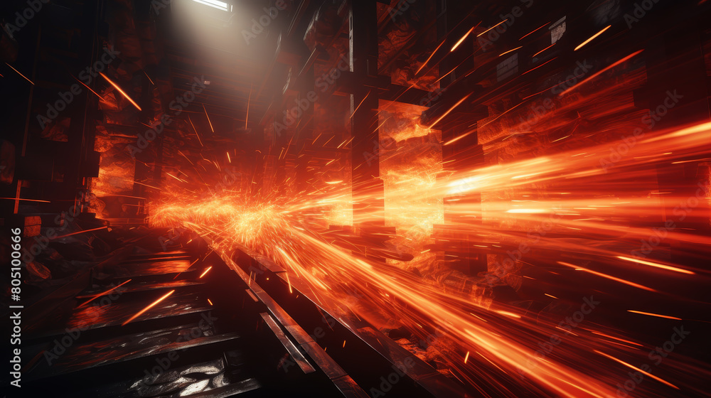 Poster dynamic visual of intense energy flow with glowing red-hot particles streaming through a dark, indus
