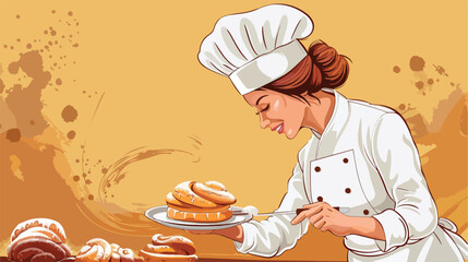 Female chef with bakery products on color background