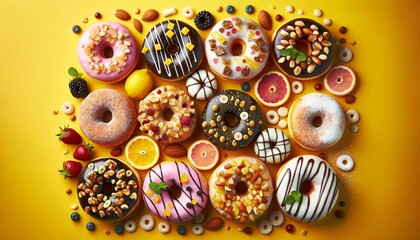 Background with glazed donuts decorated with nuts and berries, top view.