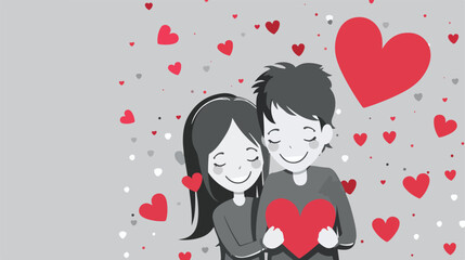 Happy young couple with red hearts on grey background