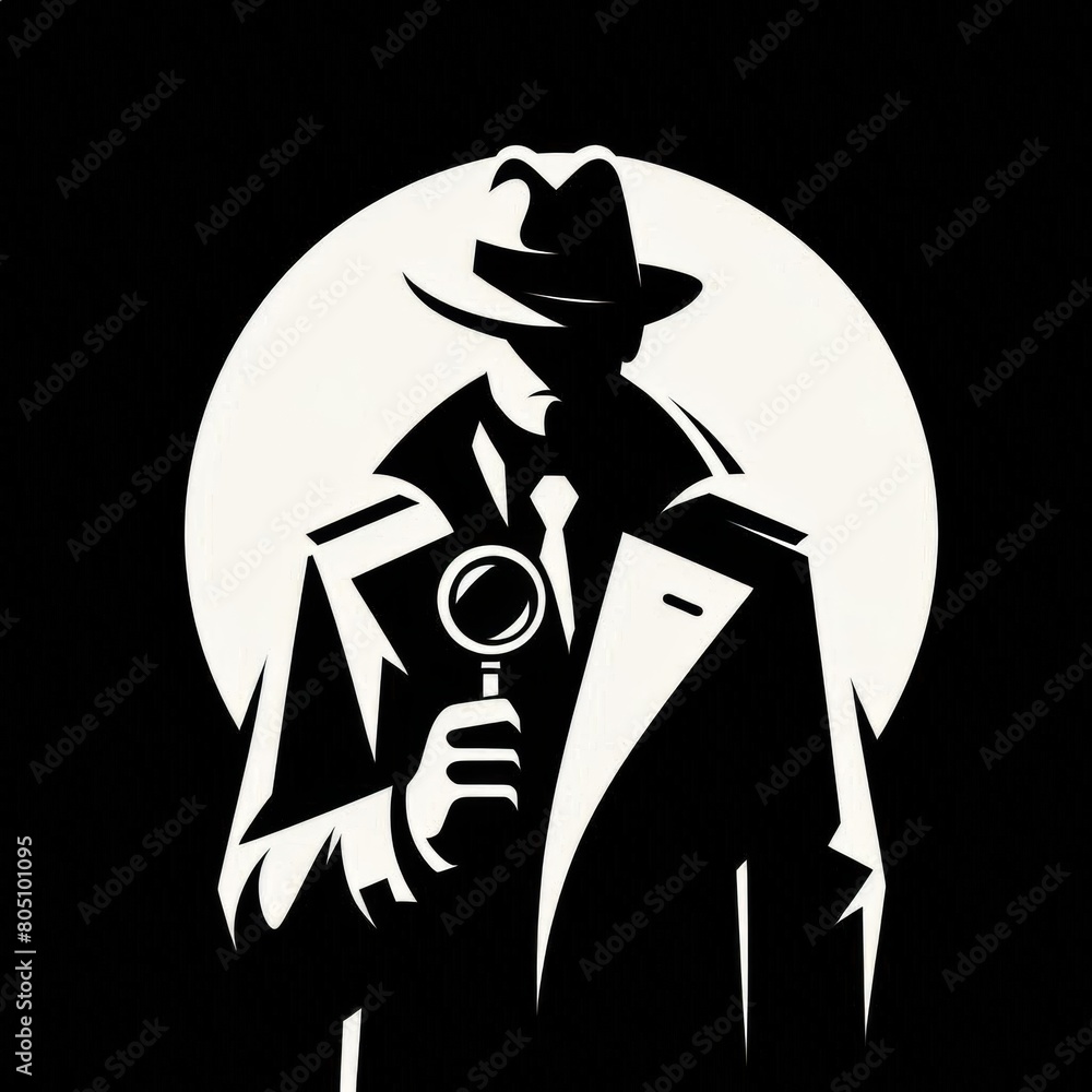 Wall mural A man in a hat and coat holding a magnifying glass, noir detective, vector illustration